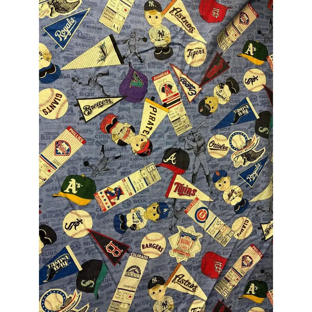 Vintage MLB Baseball Favric All Team Pennant Mascot Ticket Stub Cotton Quilt VTG